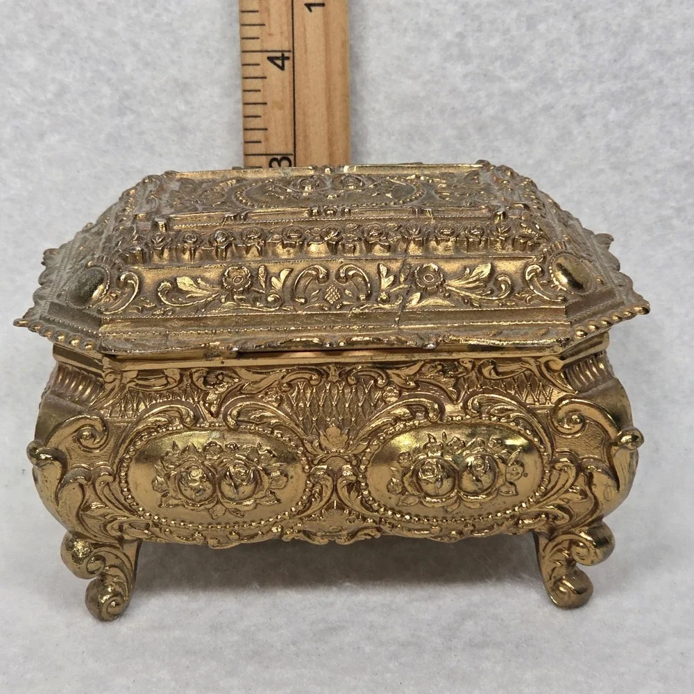 Jewelry Box  Gold Ornate Floral Footed Red Velvet Lining Vintage Heavy vtg